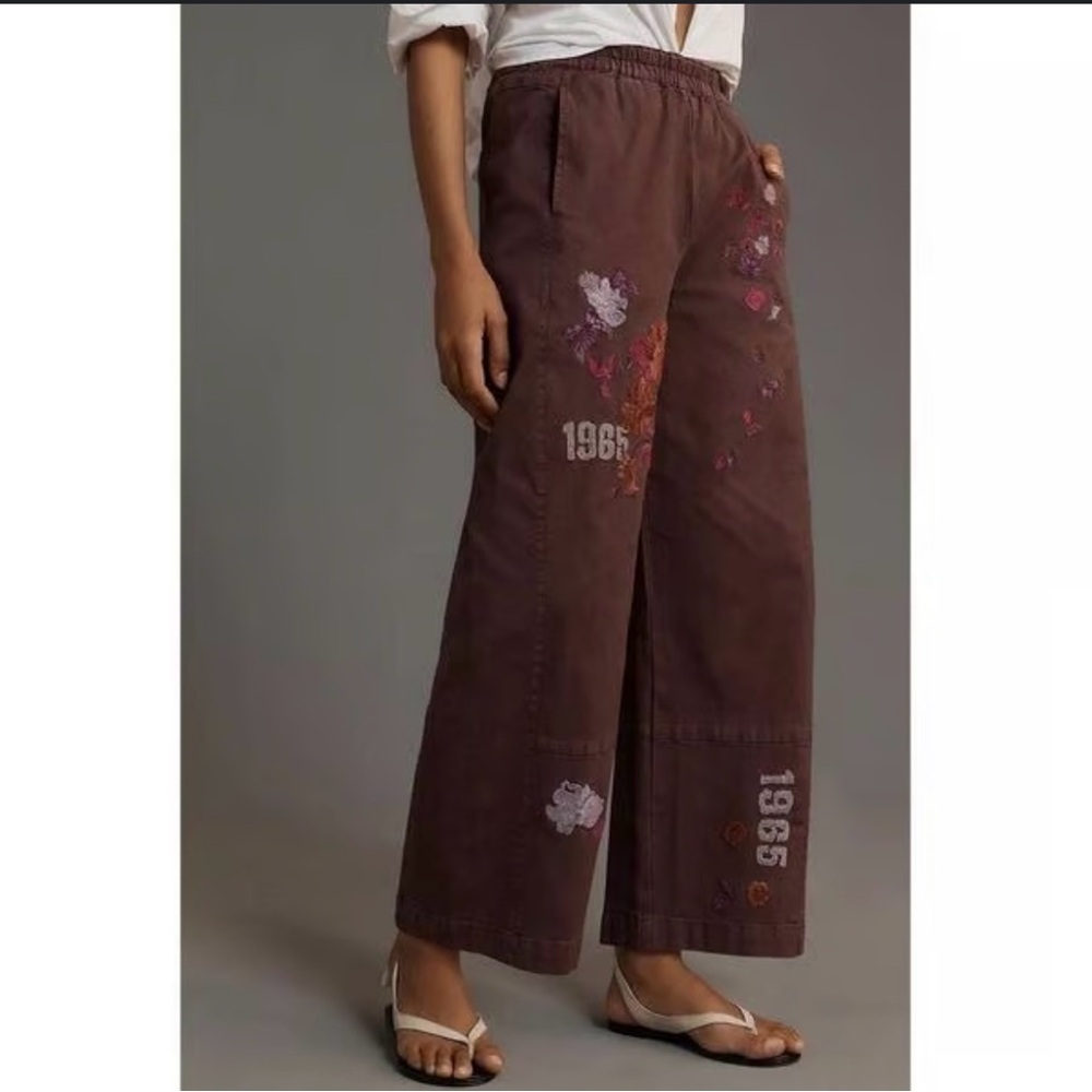 Pilcro Dusty Purple Izzie Relaxed Pull On Cute Barrel Pants Floral Embroidery